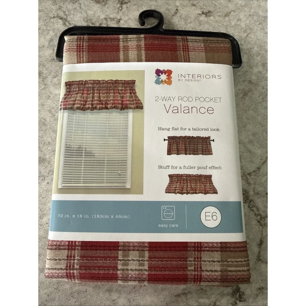 Window Curtain Valance Red Tan Plaid Kitchen Cottage 72X18 Inch Farmhouse